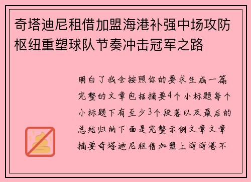 奇塔迪尼租借加盟海港补强中场攻防枢纽重塑球队节奏冲击冠军之路